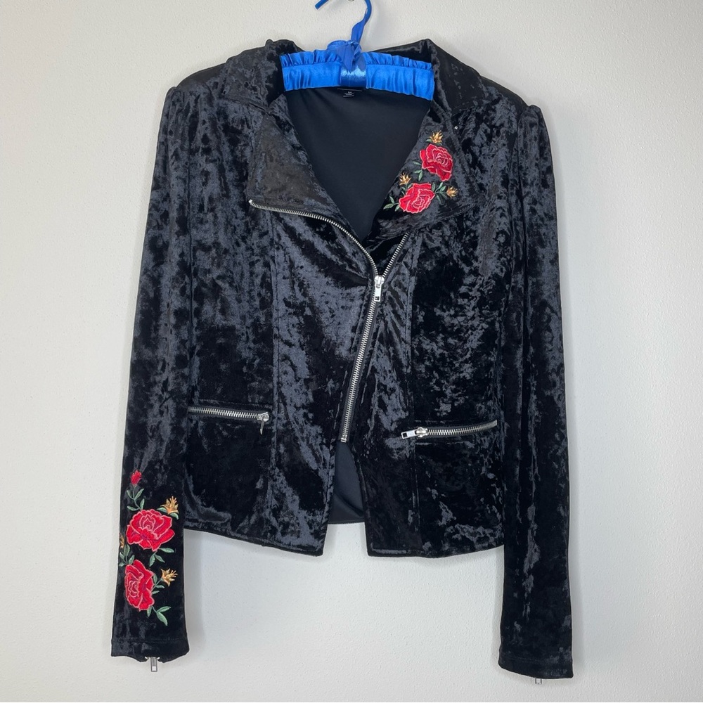 Disney Coco Black Crushed Velour Moto Style Jacket with Red Rose Embroidery - Picture 10 of 10